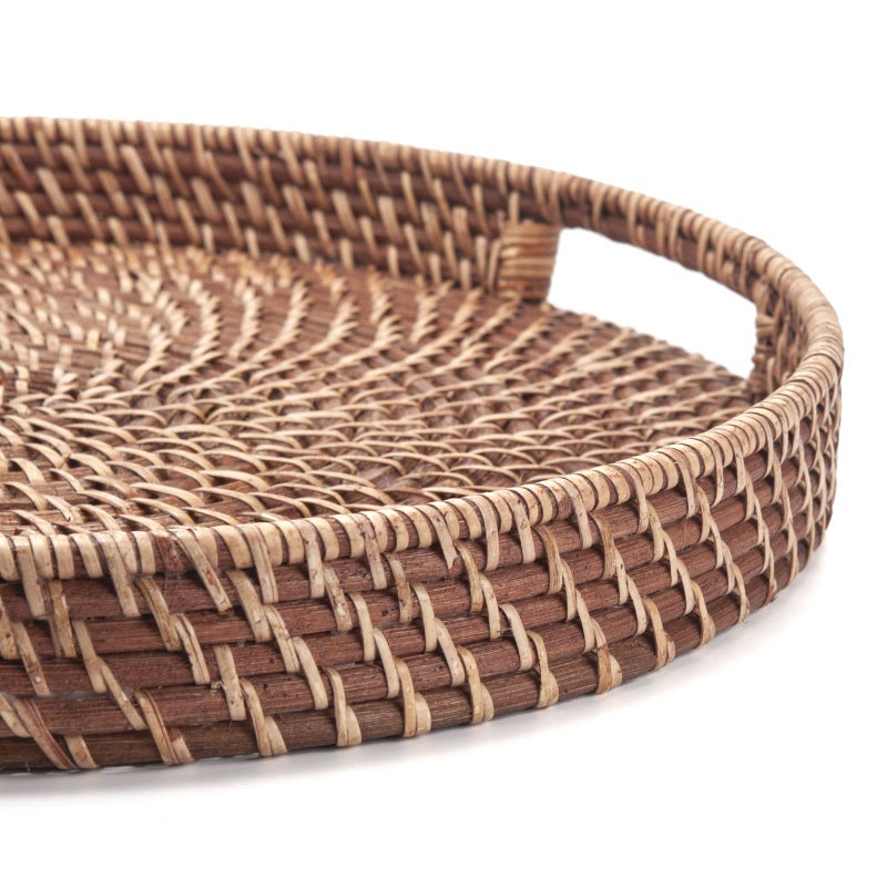 DECRAFTS Round Rattan Woven Serving Tray with Handles Ottoman Tray for Breakfast, Drinks, Snacks for Coffee Table, Home Decorative (Honey Brown, 13.8"x2") - Image 3